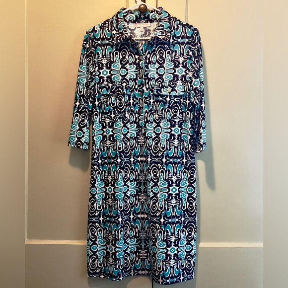 Jude Connally Tori Dress Blue Teal Kaleidoscope 3/4 Sleeve V-Neck Tunic Large - Picture 1 of 3